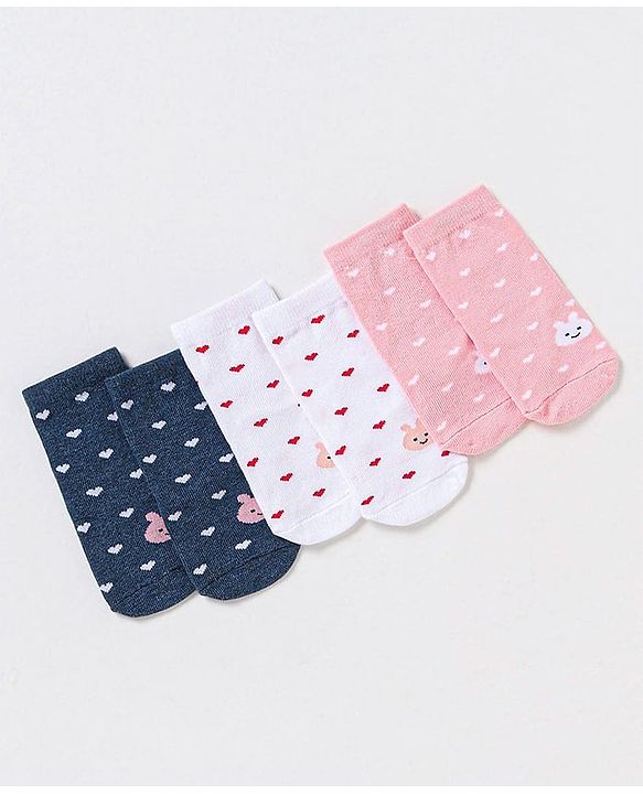 Cute Walk by Babyhug Non Terry Cotton Knit Ankle Length Anti Bacterial Socks Heart Design Pack of 3 - Pink & Blue