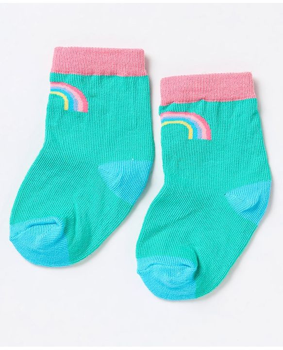 Cute Walk by Babyhug Non Terry Cotton Knit Ankle Length Anti Bacterial Socks Clouds & Rainbow Design Pack of 3 - Green Grey & Pink