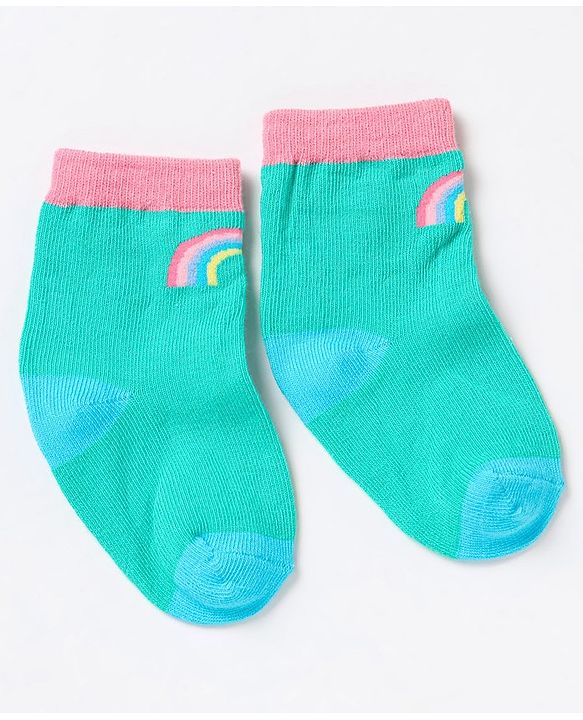 Cute Walk by Babyhug Non Terry Cotton Knit Ankle Length Anti Bacterial Socks Clouds & Rainbow Design Pack of 3 - Green Grey & Pink