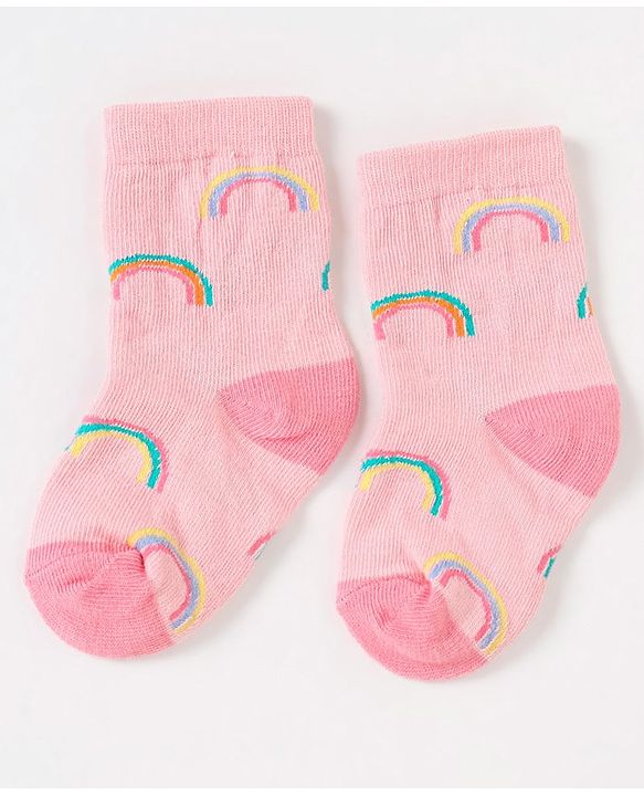 Cute Walk by Babyhug Non Terry Cotton Knit Ankle Length Anti Bacterial Socks Clouds & Rainbow Design Pack of 3 - Green Grey & Pink