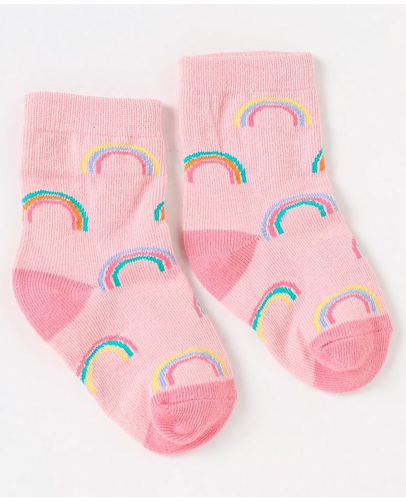 Cute Walk by Babyhug Non Terry Cotton Knit Ankle Length Anti Bacterial Socks Clouds & Rainbow Design Pack of 3 - Green Grey & Pink