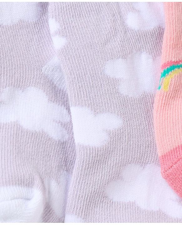 Cute Walk by Babyhug Non Terry Cotton Knit Ankle Length Anti Bacterial Socks Clouds & Rainbow Design Pack of 3 - Green Grey & Pink