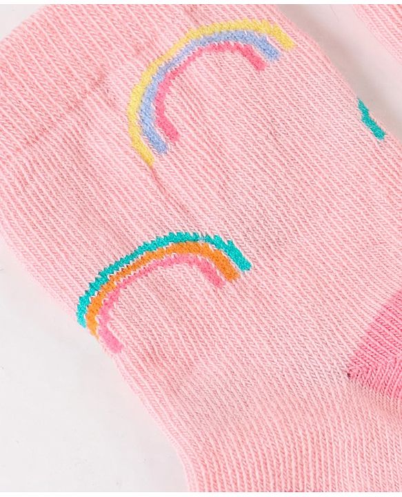 Cute Walk by Babyhug Non Terry Cotton Knit Ankle Length Anti Bacterial Socks Clouds & Rainbow Design Pack of 3 - Green Grey & Pink