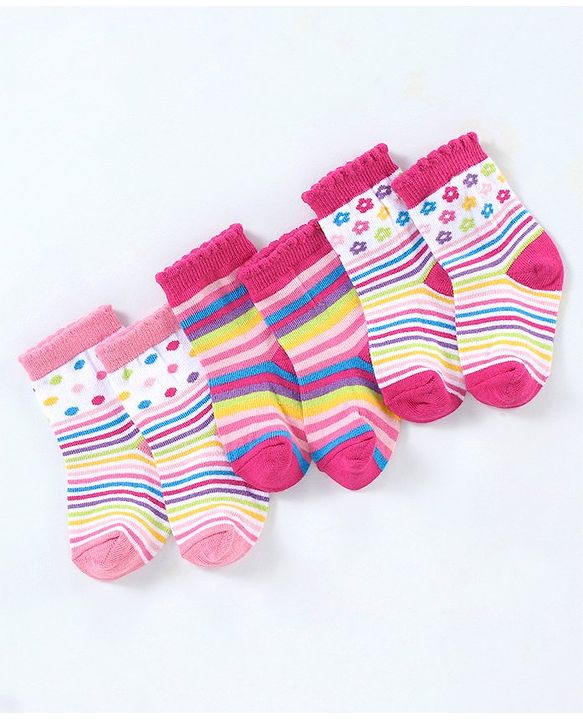 Cutewalk By Babyhug Cotton Anti Bacterial Ankle Length Socks Striped Pack of 3- Multicolour