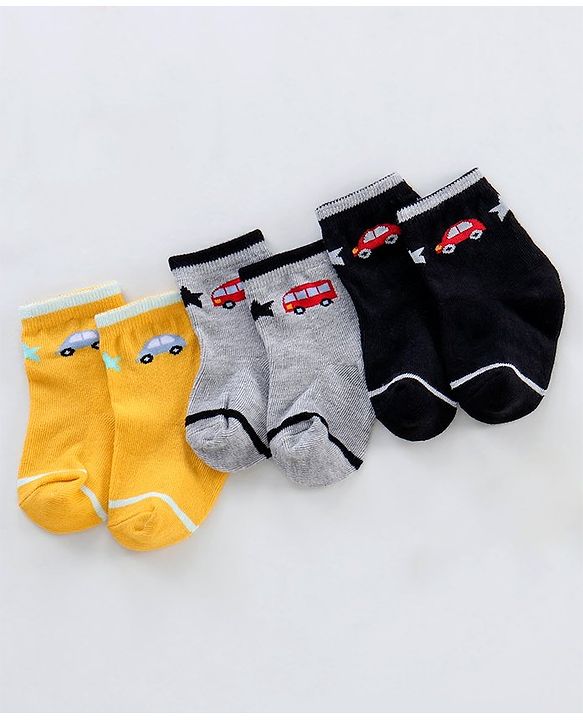 Cutewalk By Babyhug Anti Bacterial Ankle Length Non Terry Socks Car Design Pack of 3- Yellow & Black