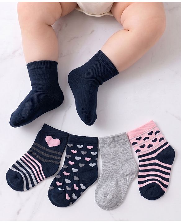 Cutewalk By Babyhug Anti Bacterial Ankle Length Non Terry Socks Heart Design Pack of 5 - Multicolour