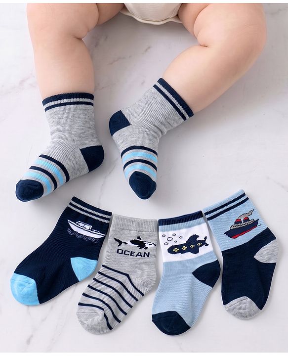 Cutewalk By Babyhug Anti Bacterial Ankle Length Non Terry Socks Submarine Design Pack of 5 - Blue & Black
