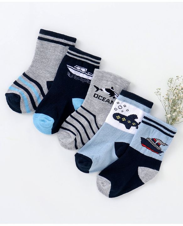 Cutewalk By Babyhug Anti Bacterial Ankle Length Non Terry Socks Submarine Design Pack of 5 - Blue & Black
