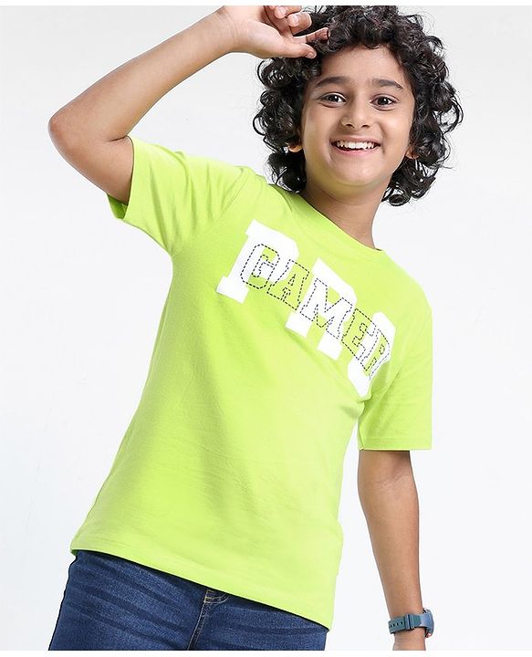 Pine Kids 100% Cotton Bio Washed Half Sleeves T-shirt Pro Gamer Print - Lime Green