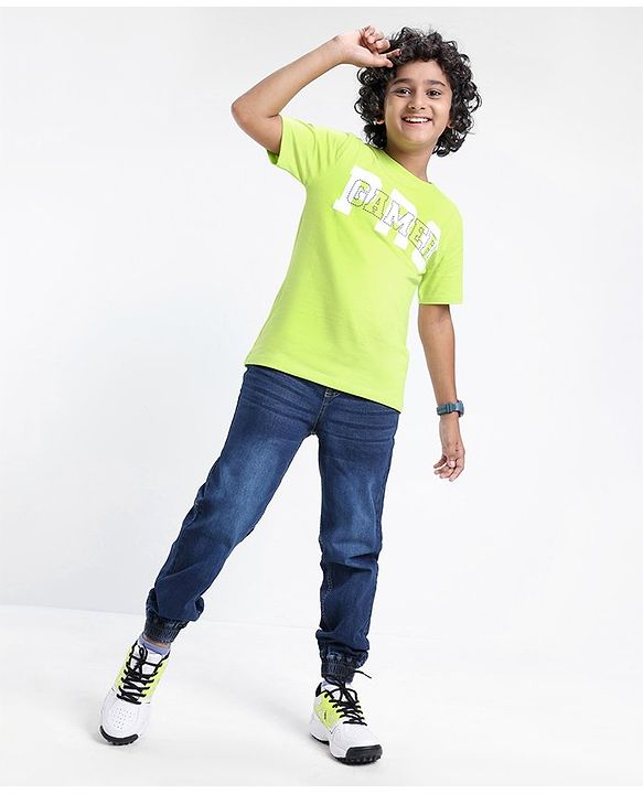 Pine Kids 100% Cotton Bio Washed Half Sleeves T-shirt Pro Gamer Print - Lime Green