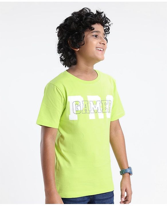 Pine Kids 100% Cotton Bio Washed Half Sleeves T-shirt Pro Gamer Print - Lime Green