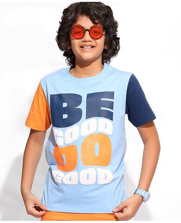 Pine Kids 100% Cotton Half Sleeves Biowashed T-Shirt Be Good Print - Blue