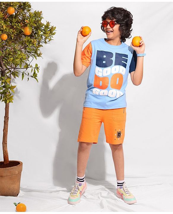 Pine Kids 100% Cotton Half Sleeves Biowashed T-Shirt Be Good Print - Blue
