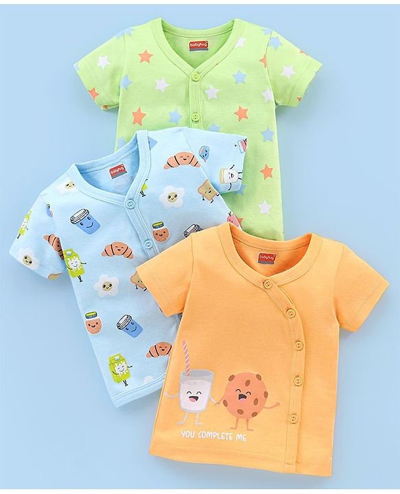Babyhug 100% Cotton Knit Half Sleeves Vests Food & Star Print Pack of 3 - Green Blue & Orange