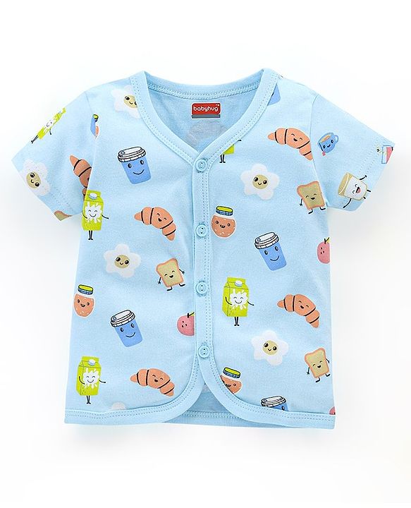 Babyhug 100% Cotton Knit Half Sleeves Vests Food & Star Print Pack of 3 - Green Blue & Orange