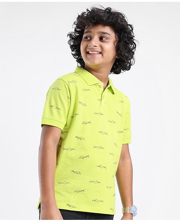 Pine Kids Cotton Knit Half Sleeves Shark Print Biowashed T-Shirt - Green