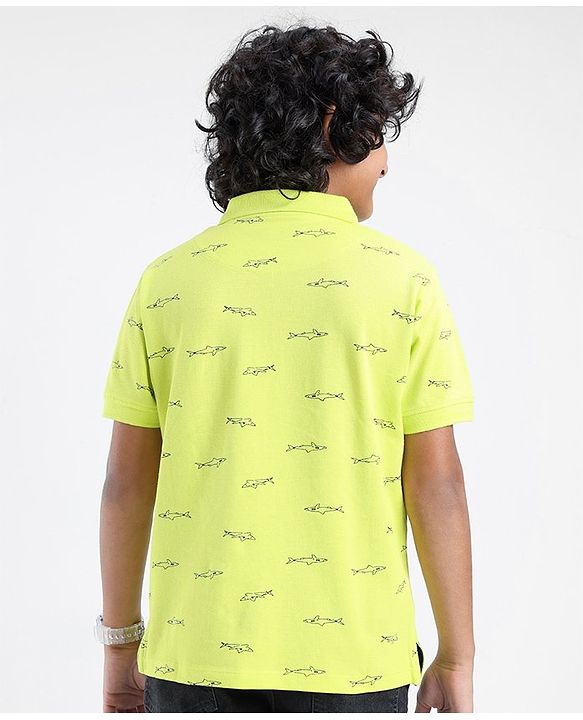 Pine Kids Cotton Knit Half Sleeves Shark Print Biowashed T-Shirt - Green