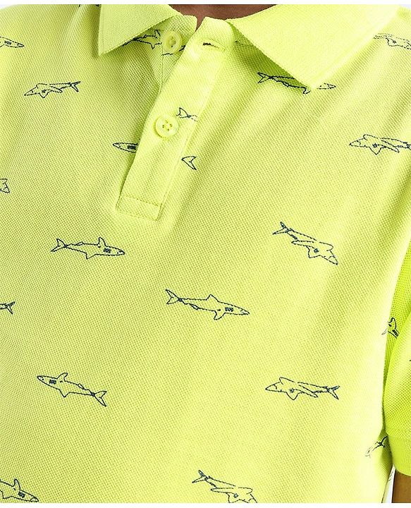 Pine Kids Cotton Knit Half Sleeves Shark Print Biowashed T-Shirt - Green