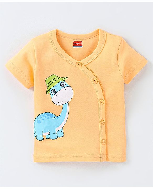 Babyhug 100% Cotton Knit Half Sleeves Striped & Dino Printed Vests Pack of 3 - Orange White & Blue