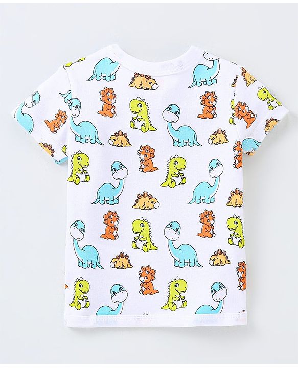 Babyhug 100% Cotton Knit Half Sleeves Striped & Dino Printed Vests Pack of 3 - Orange White & Blue