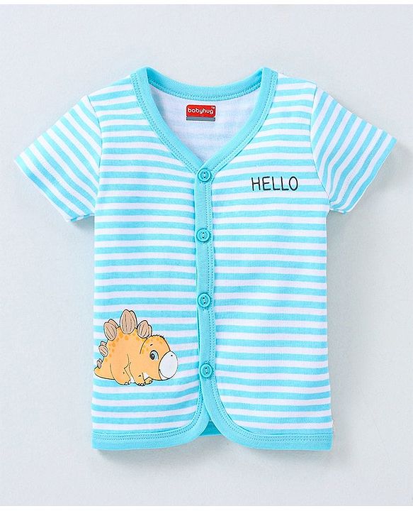 Babyhug 100% Cotton Knit Half Sleeves Striped & Dino Printed Vests Pack of 3 - Orange White & Blue