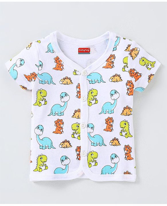 Babyhug 100% Cotton Knit Half Sleeves Striped & Dino Printed Vests Pack of 3 - Orange White & Blue