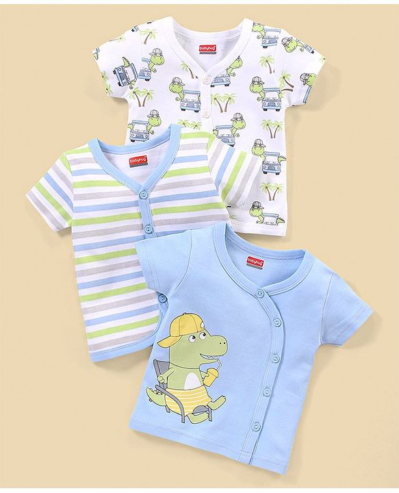 Babyhug 100% Cotton Knit Half Sleeves Striped & Dino Printed Vests Pack of 3 - White & Blue