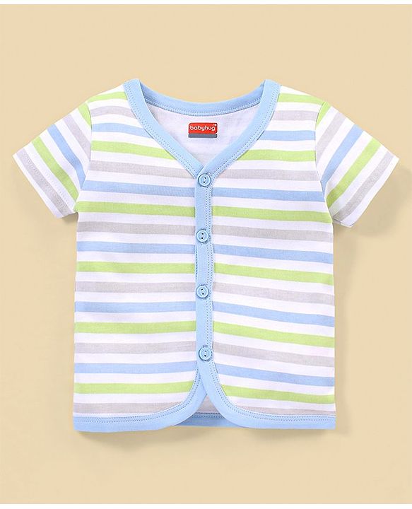 Babyhug 100% Cotton Knit Half Sleeves Striped & Dino Printed Vests Pack of 3 - White & Blue