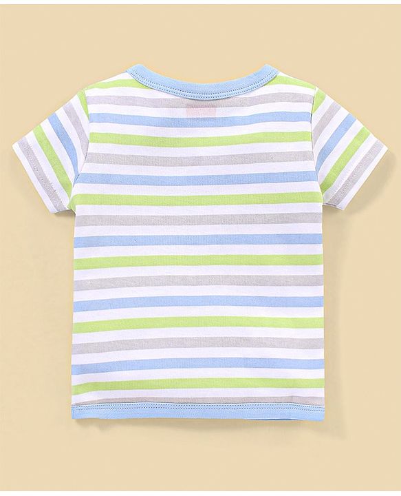 Babyhug 100% Cotton Knit Half Sleeves Striped & Dino Printed Vests Pack of 3 - White & Blue