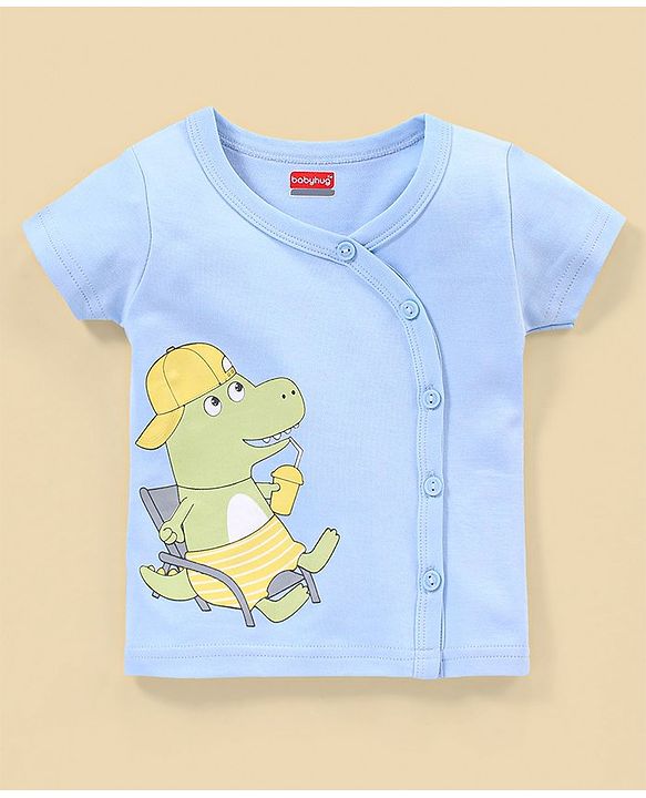 Babyhug 100% Cotton Knit Half Sleeves Striped & Dino Printed Vests Pack of 3 - White & Blue