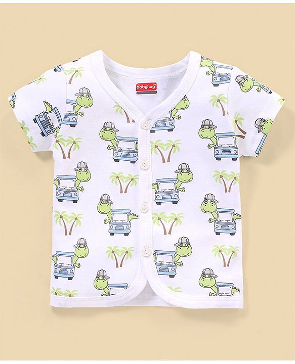 Babyhug 100% Cotton Knit Half Sleeves Striped & Dino Printed Vests Pack of 3 - White & Blue