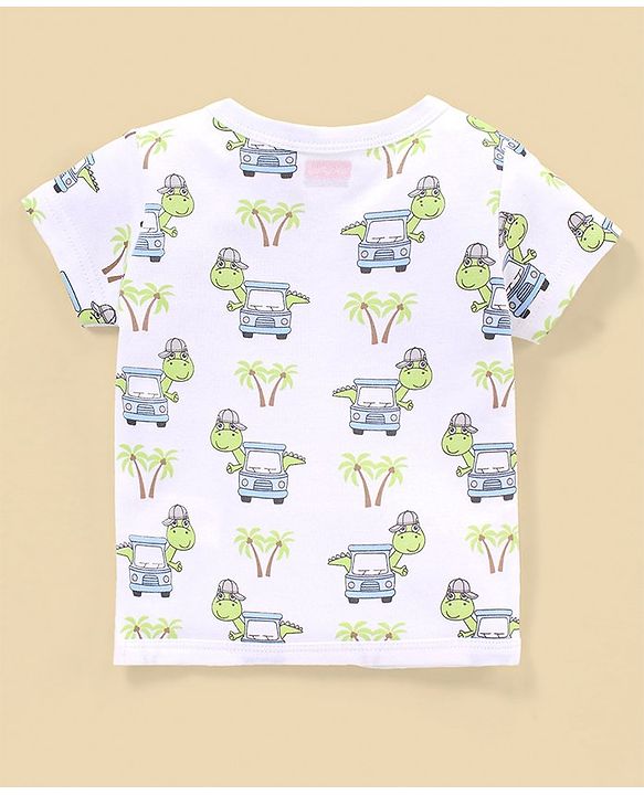 Babyhug 100% Cotton Knit Half Sleeves Striped & Dino Printed Vests Pack of 3 - White & Blue