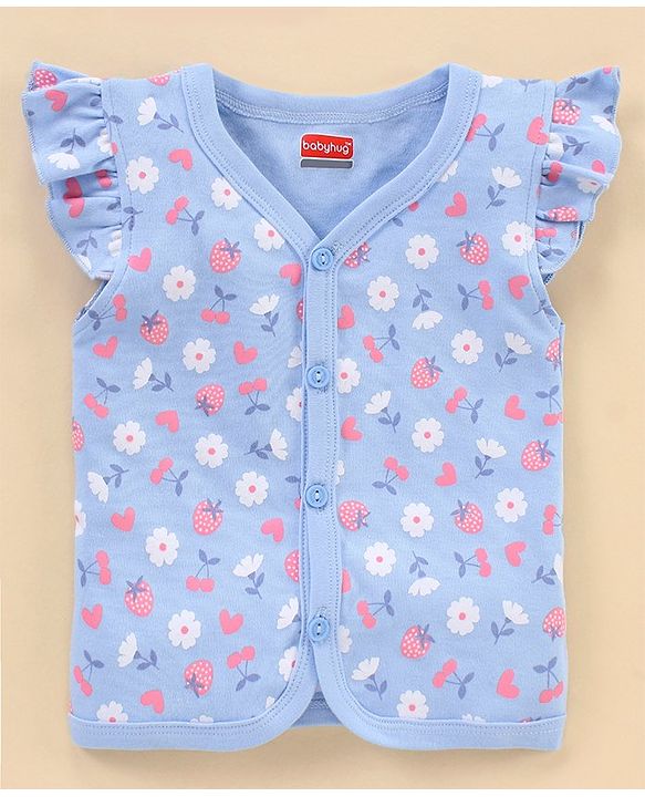 Babyhug 100% Cotton Short Sleeves Vests Cherry Print Pack of 3 - Blue & White