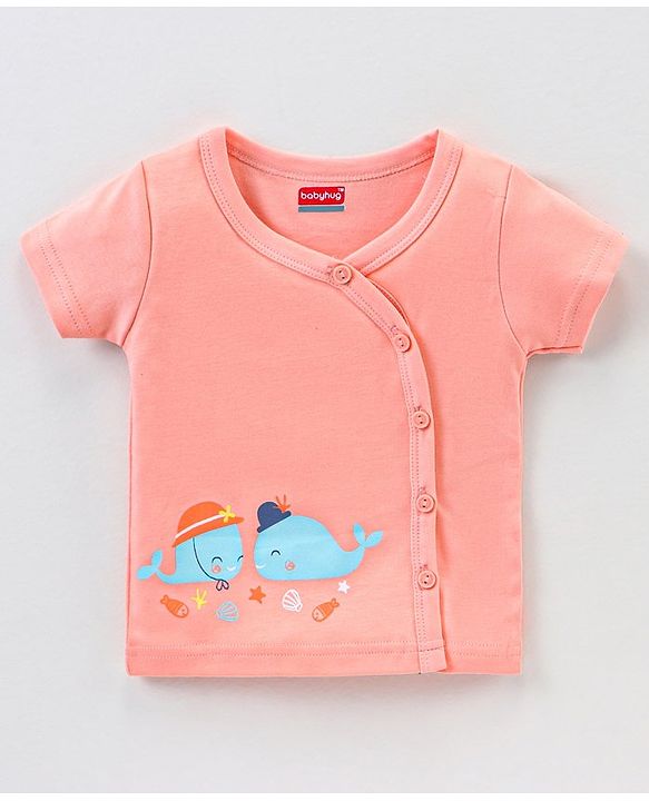 Babyhug 100% Cotton Knit Half Sleeves Star & Fish Printed Vests Pack of 5 - Navy Blue Peach & White