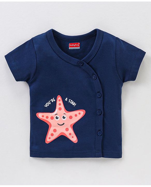 Babyhug 100% Cotton Knit Half Sleeves Star & Fish Printed Vests Pack of 5 - Navy Blue Peach & White