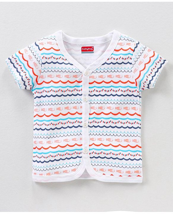 Babyhug 100% Cotton Knit Half Sleeves Star & Fish Printed Vests Pack of 5 - Navy Blue Peach & White