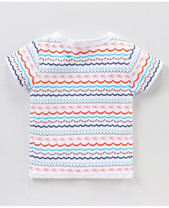 Babyhug 100% Cotton Knit Half Sleeves Star & Fish Printed Vests Pack of 5 - Navy Blue Peach & White