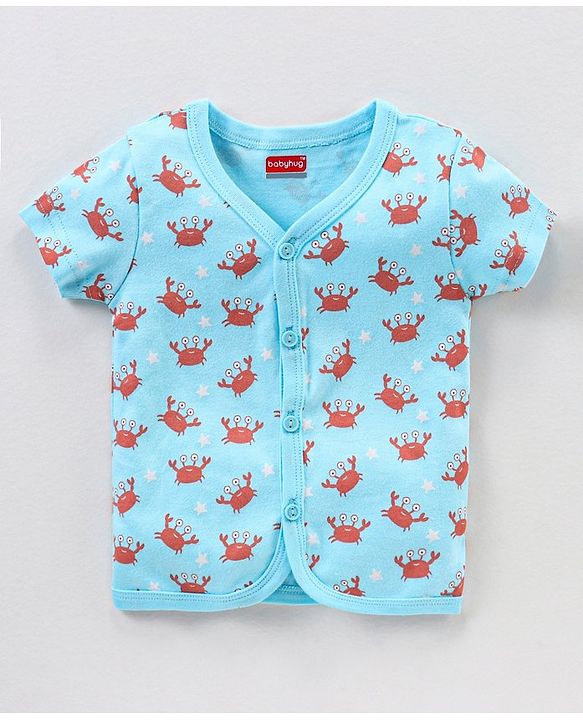 Babyhug 100% Cotton Knit Half Sleeves Star & Fish Printed Vests Pack of 5 - Navy Blue Peach & White