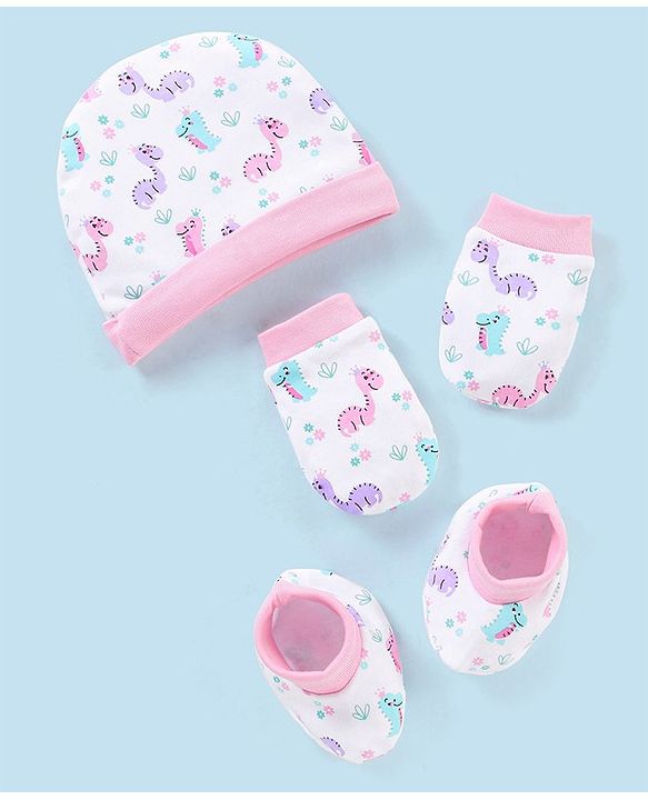 Babyhug 100% Cotton Cap Mittens & Booties Dino Print - Cap Diameter 12 cm