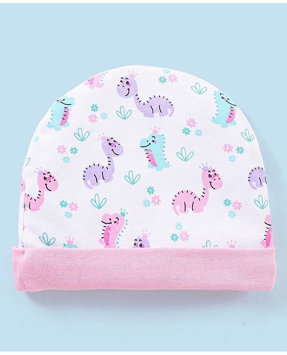Babyhug 100% Cotton Cap Mittens & Booties Dino Print - Cap Diameter 12 cm