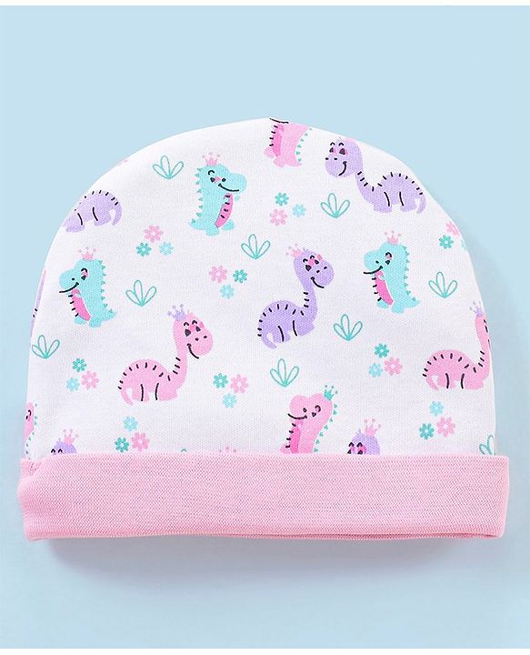 Babyhug 100% Cotton Cap Mittens & Booties Dino Print - Cap Diameter 12 cm