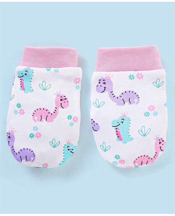 Babyhug 100% Cotton Cap Mittens & Booties Dino Print - Cap Diameter 12 cm