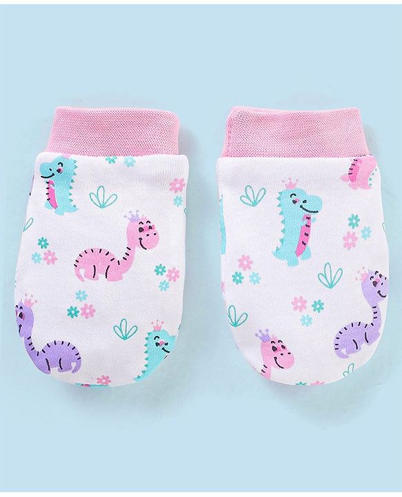 Babyhug 100% Cotton Cap Mittens & Booties Dino Print - Cap Diameter 12 cm