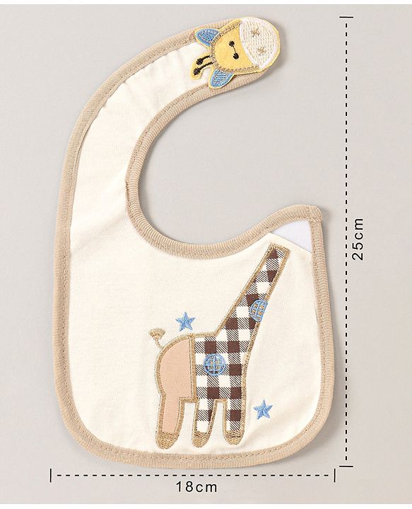 Babyhug Bib Velcro Closure Giraffe Embroidery - White And Brown