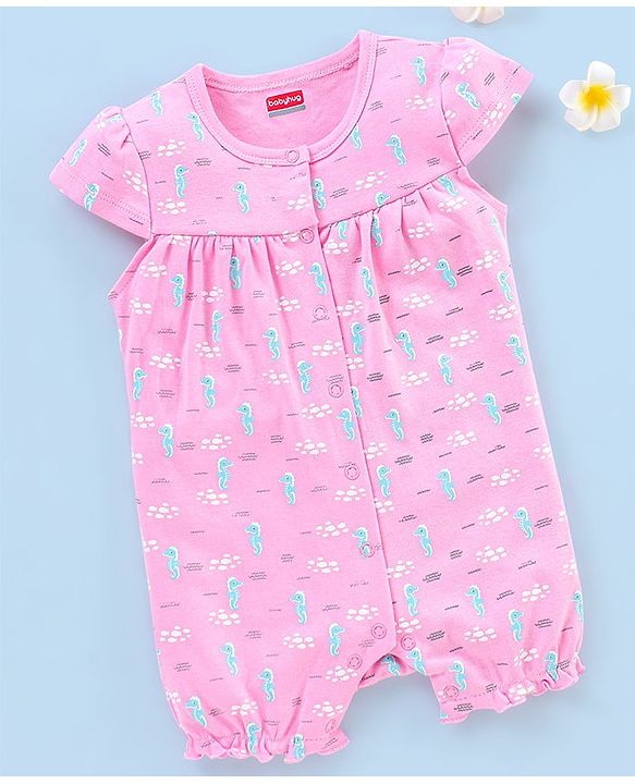Babyhug 100% Cotton Knit Cap Sleeves Rompers Sea Horse Print - Pink