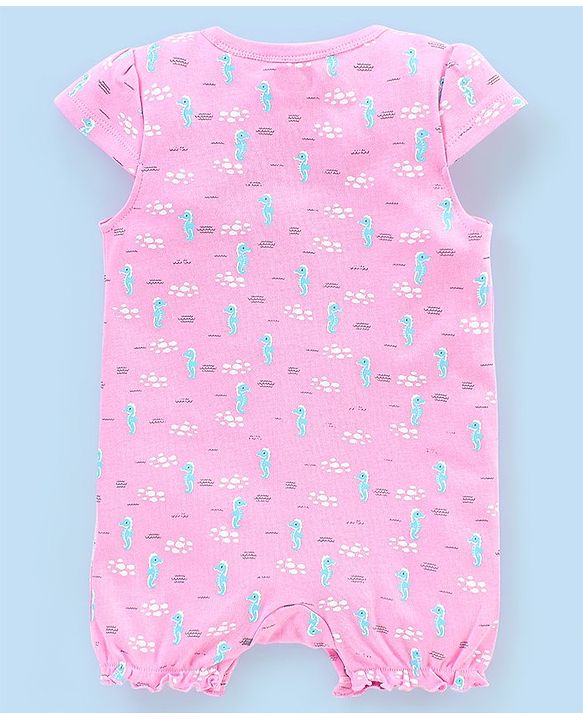 Babyhug 100% Cotton Knit Cap Sleeves Rompers Sea Horse Print - Pink
