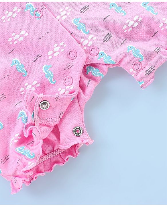 Babyhug 100% Cotton Knit Cap Sleeves Rompers Sea Horse Print - Pink