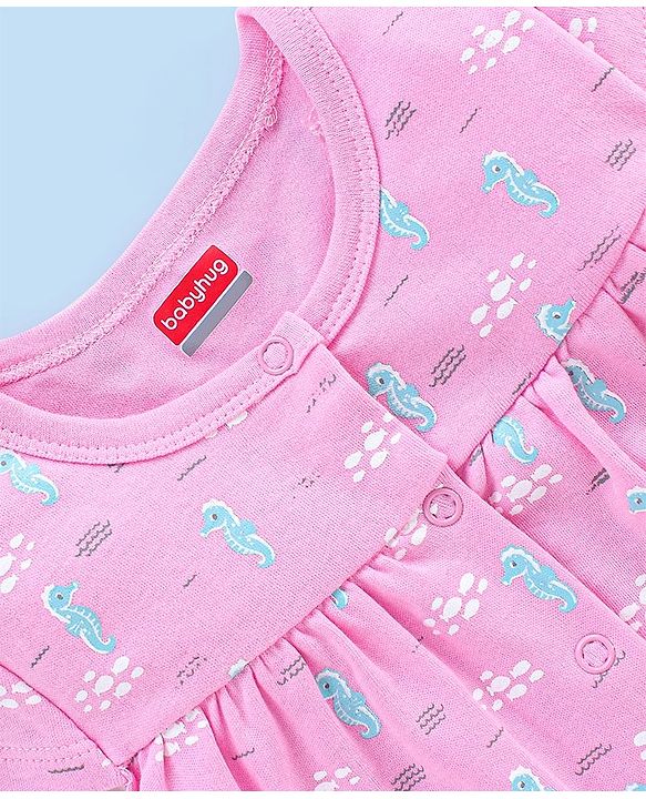 Babyhug 100% Cotton Knit Cap Sleeves Rompers Sea Horse Print - Pink