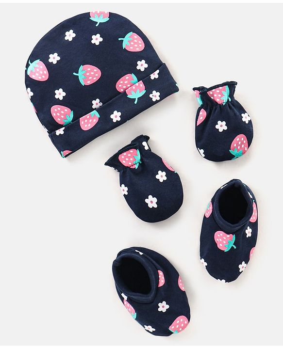 Babyhug 100% Cotton Cap Mittens & Booties Strawberry Print Navy Blue - Diameter 11.5 cm