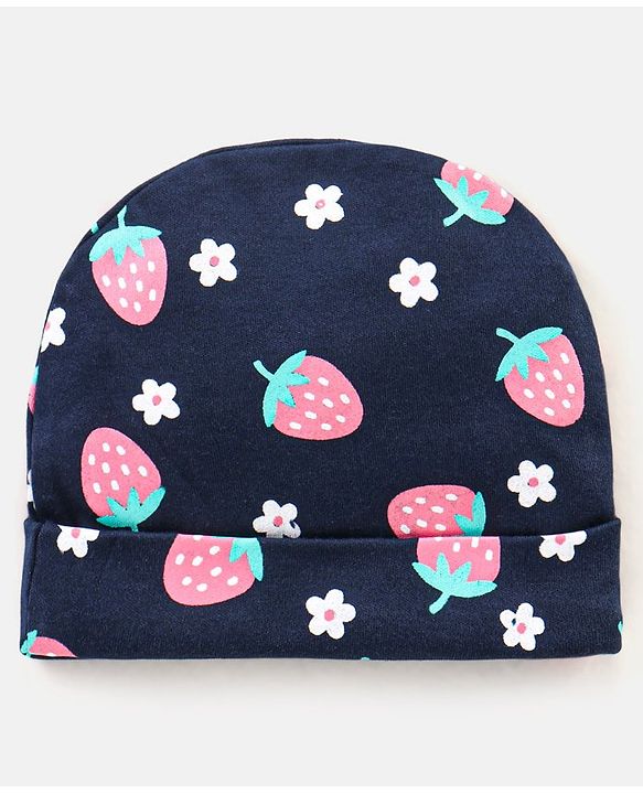 Babyhug 100% Cotton Cap Mittens & Booties Strawberry Print Navy Blue - Diameter 11.5 cm